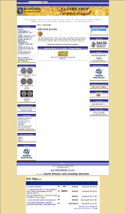 S. A. Coin Shop's 'Kruger Rands' Page